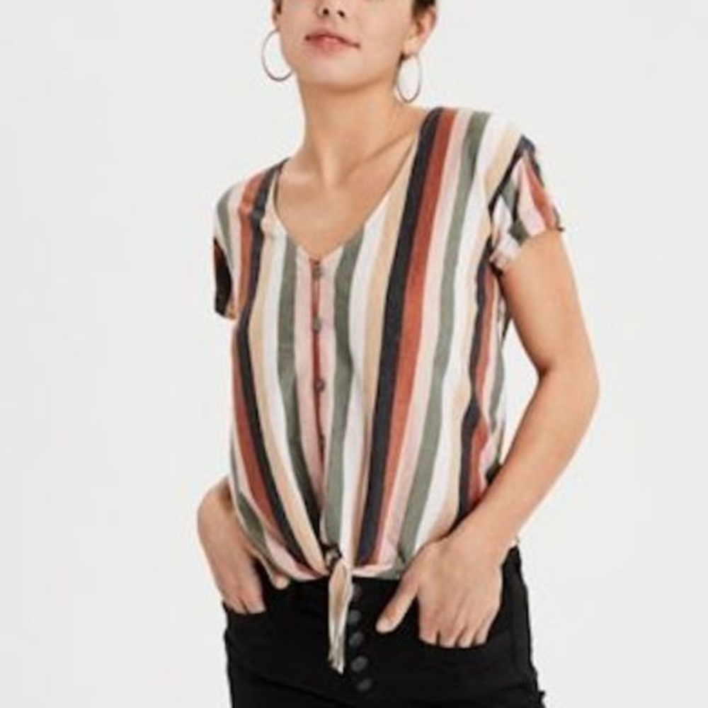 American Eagle Small S Orange Striped Linen Blend‎ Tie Front Button Front Top